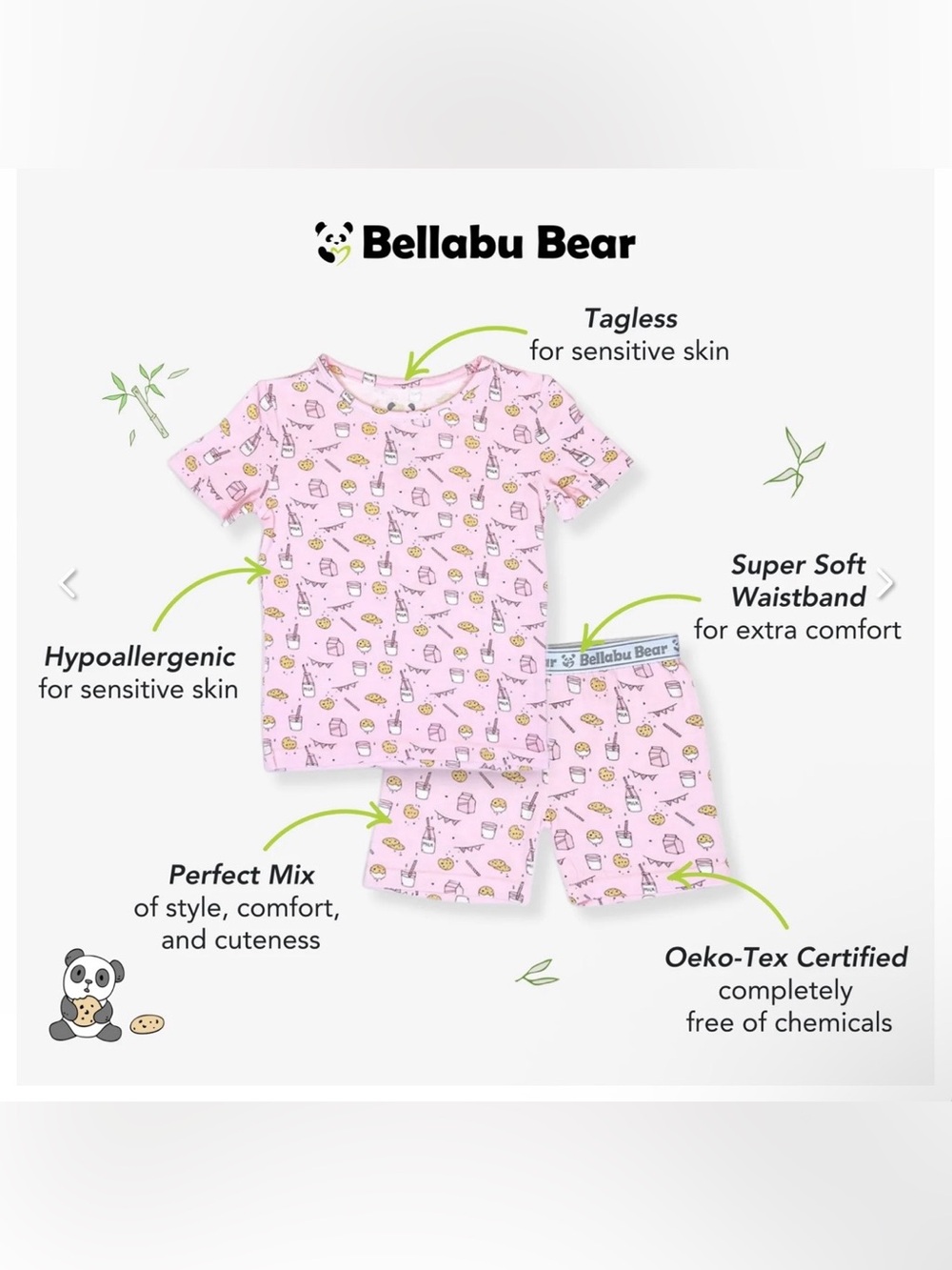 Bellabu Bear Milk & Cookies Pink Bamboo Kids Pajama Short Set